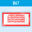 Знак «Ответственный за безопасную эксплуатацию оборудования», B67 (пластик, 200х100 мм)